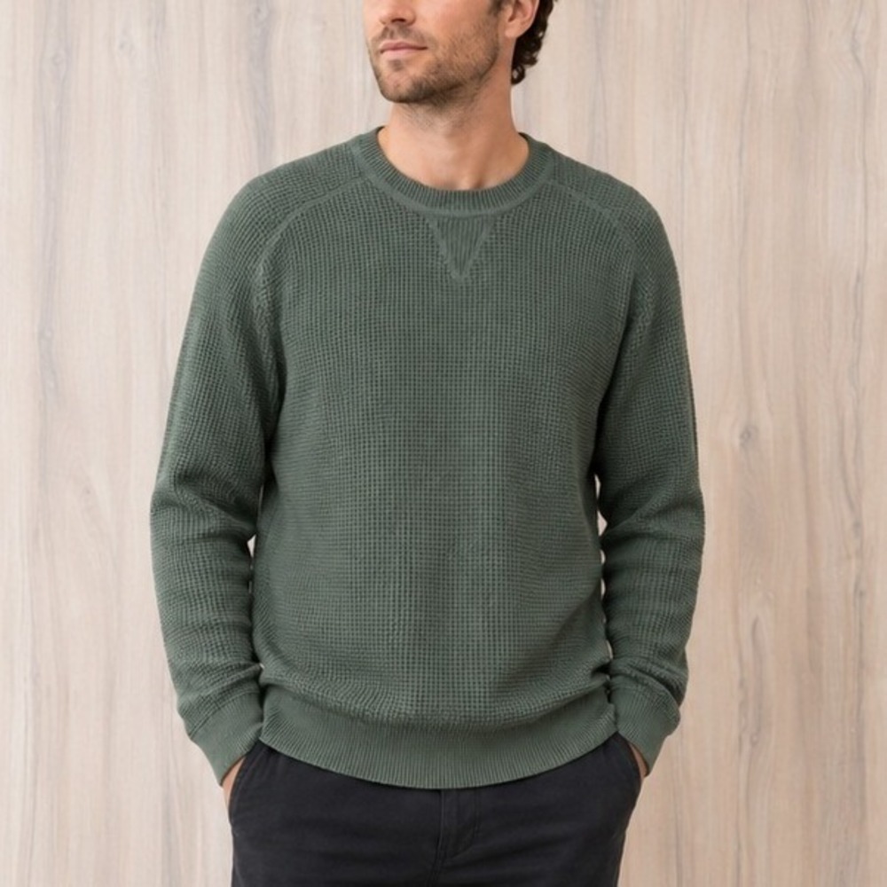 Lucky Brand Mens Sweater Size XL Green Waffle Knit Cotton Wool Crewneck Heritage